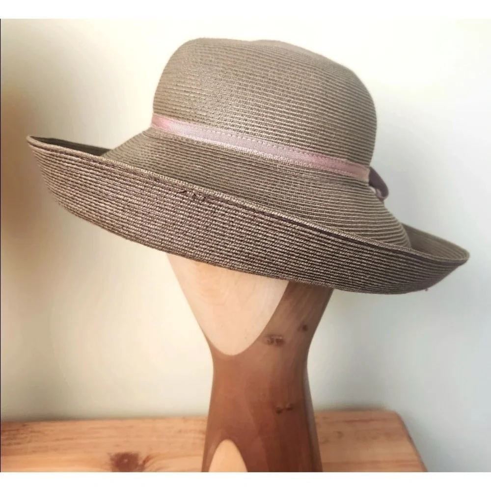 Vintage Eric Javits Squishee‎ Packable Straw Hat Brown Pink Bow - Picture 5 of 7